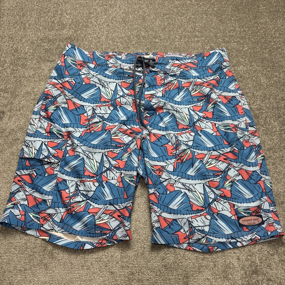 Vineyard Vines Men's 36 Swim Trunks Sailfish Swordfish Fish Blue